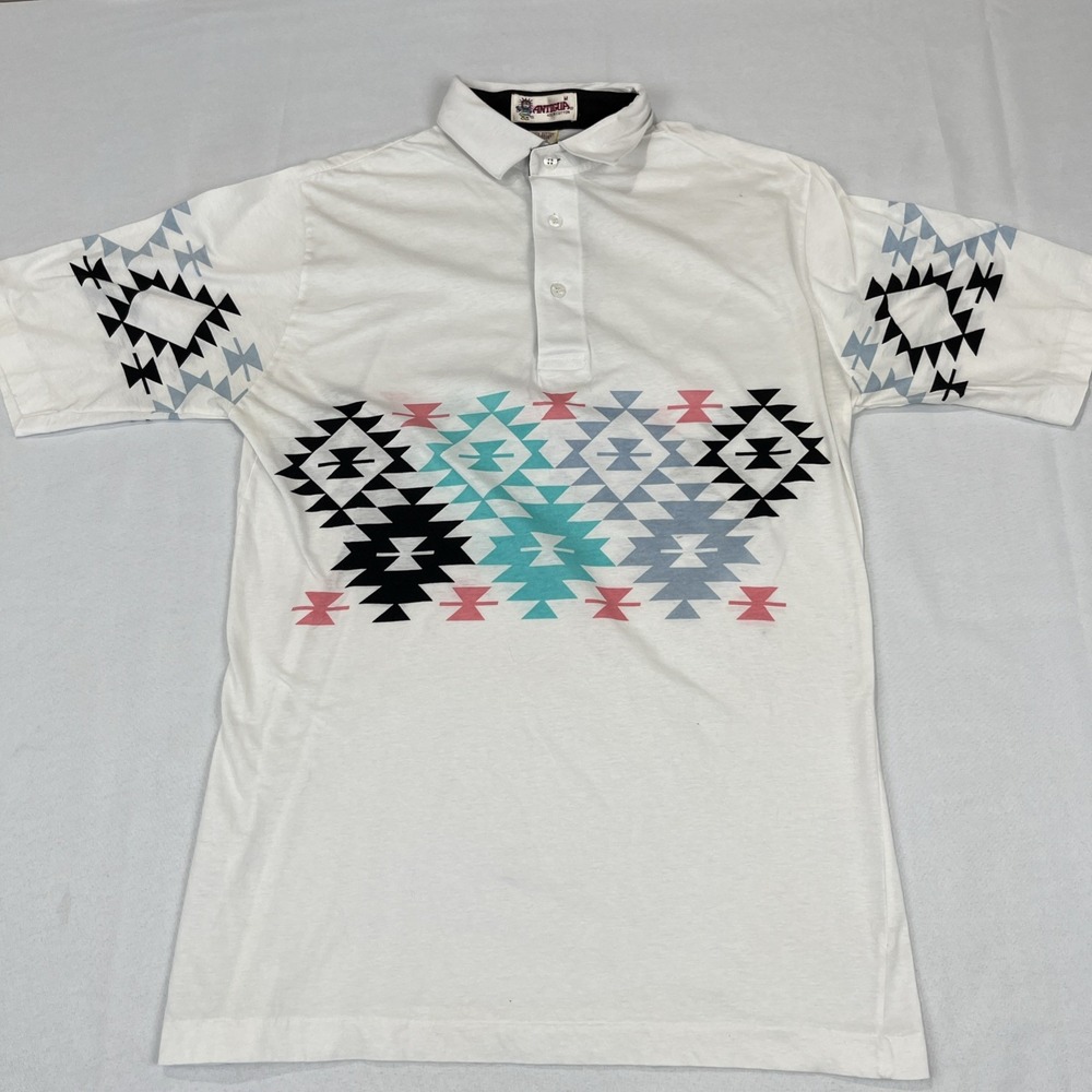 VINTAGE Antigua‎ Men Polo Shirt M Geometric Aztec Southwestern Single Stitch